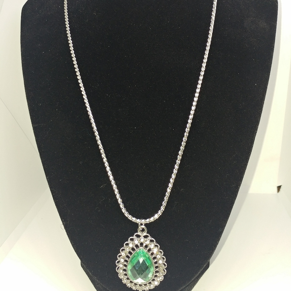 Silvertone Crystal Green Teardrop Necklace